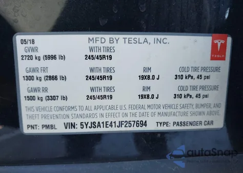 2018 Tesla Model S 100D/75D/P100D из США, поврежденный, VIN 5YJSA1E41JF257694